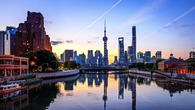 Time-lapse Shanghai city landmarks skyline and nature scenery at sunrise in China