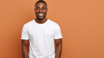 Smile African man fit in Frame wearing bella canvas white shirt mockup,  isolated color background