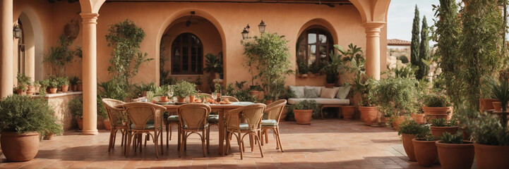 Fototapeta na wymiar Mediterraneanstyle patio with terracotta tiles. Background