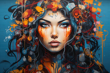 A contemporary street art mural filled with vibrant graffiti and urban imagery. Generative Ai.
