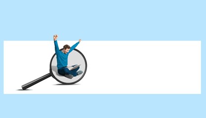 A business person with a laptop on a magnifying glass.