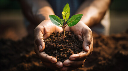 Close up hands together holding small plant in fertile soil, environmental sustainability, nurturing growth, eco-awareness concept. Generative AI