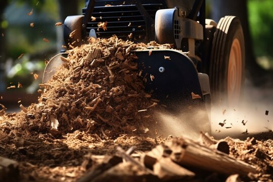 A tree stump being grinded into sawdust and mulch by a machine. Close-up. Generative AI