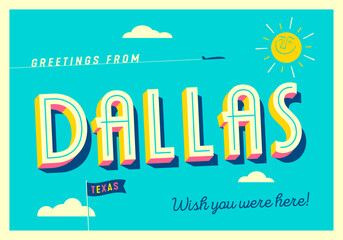 Greetings from Dallas, Texas, USA - Wish you were here! - Touristic Postcard. Vector Illustration. - 648190902