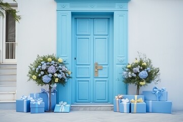 Exterior door with blue gift boxes in front. House entrance. Single steel door. Wooden steel. Generative AI