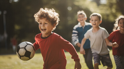 A heartwarming scene of a group of young kids enthusiastically playing soccer in a sun-drenched park, their laughter and energy filling the air with joy and excitement - obrazy, fototapety, plakaty
