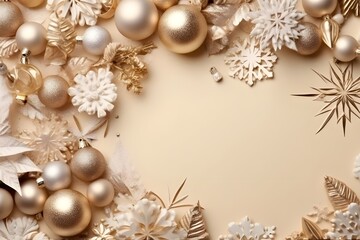 Obraz premium Christmas balls,stars and snowflakes on table and ornaments over abstract bokeh background with copy space