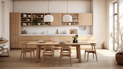 Fototapeta na wymiar scandinavian kitchen with white walls, natural wood finishes, and minimalist furniture