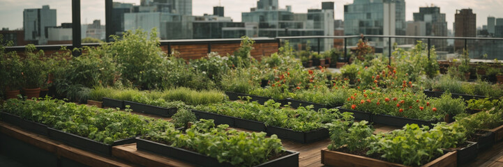 Fototapeta na wymiar Urban rooftop garden with sustainable features. Background