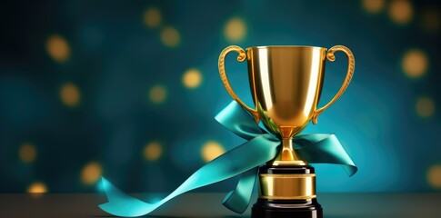 Gold trophy cup on blue abstract background - obrazy, fototapety, plakaty