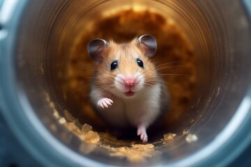 A Syrian hamster peeking out of its home