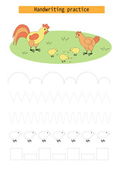 Tracing lines for kids, rooster, hen and chicks, developing writing practice for kids. Vector EPS10