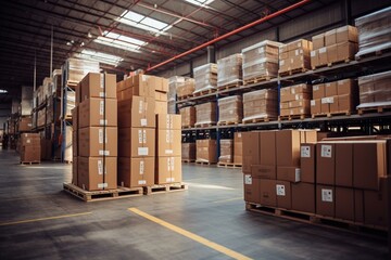 Shelved goods boxes in large storage warehouse. Generative AI