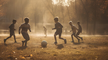 A heartwarming scene of a group of young kids enthusiastically playing soccer in a sun-drenched park, their laughter and energy filling the air with joy and excitement