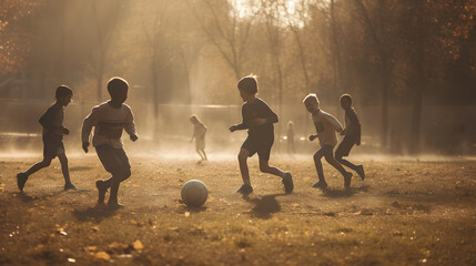 A heartwarming scene of a group of young kids enthusiastically playing soccer in a sun-drenched...
