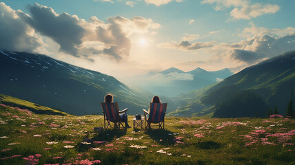 Happy couple sitting on lawn chairs in mountain looking at the mountain view in the morning. tourism concept. Vacation relax time in nature with sunlight. - obrazy, fototapety, plakaty
