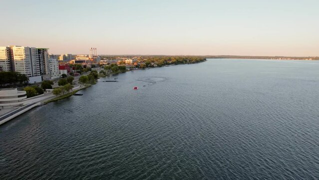 Downtown Madison Wisconsin Monona Terrace during sunset autumn drone footage