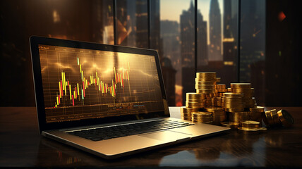 Laptop displaying business graph chart stock market, forex, gold and crude oil market digital laptop screen and gold coin on office table.