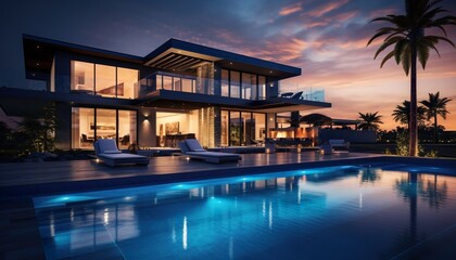 Fototapeta premium modern illuminated house or villa with swimming pool at night, luxury and contemporary building and architecture, generative AI