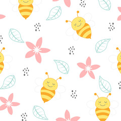 Vector seamless pattern of cute bee and flower