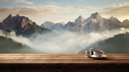 Obrazy na Plexi  coffee cup on empty wooden table with mountain view in the morning.