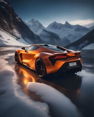 features a orange and black custom sport car with dazzling glowing light in ice mountain. created with generative ai technology 