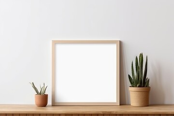 Empty white picture with wooden frame, picture mockup