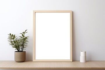 Fototapeta na wymiar Empty white picture with wooden frame, picture mockup