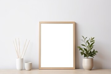 Empty white picture with wooden frame, picture mockup