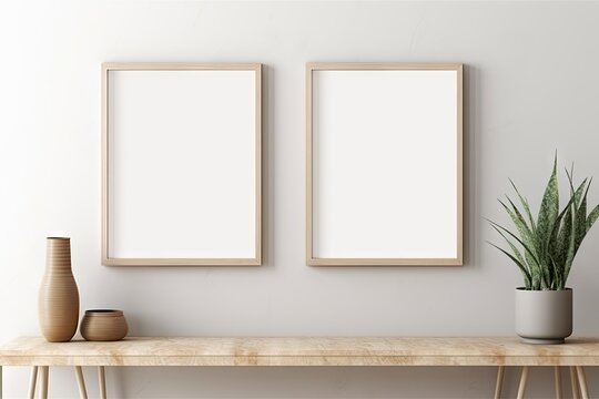 Empty white picture with wooden frame, picture mockup