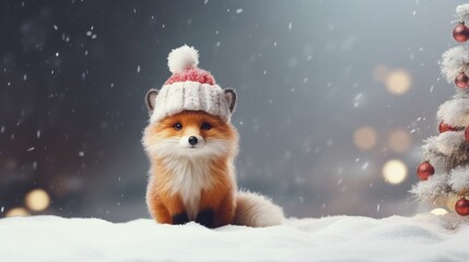Fototapeta premium A fox wearing a hat sitting in the snow