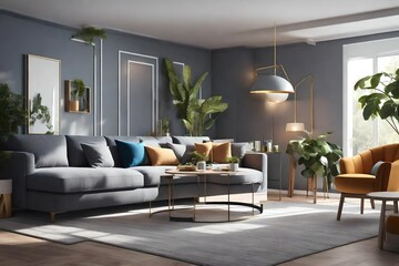 3d rendering design grey living room with colorful details and window