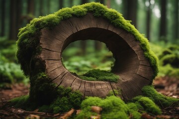 Tree stump wooden cut with green moss in the forest. Nature background - obrazy, fototapety, plakaty