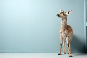 studio shot of a deer over a green wall with copy space