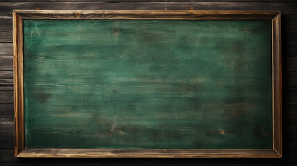 Empty green chalkboard background with wooden frame. Dirty erased chalk texture on blank blackboard with copyspace and wood border. Restaurant menu or back to school education concept. Generative AI