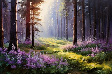 Oil painting of purple flower glade amidst forest with coniferous trees and avifauna. Generative AI