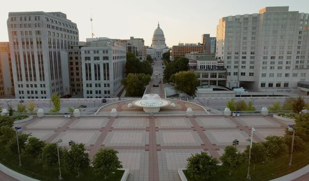 Downtown Madison Wisconsin Monona Terrace during sunset autumn drone footage