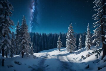 Fototapeta na wymiar 3d rending Forest on a mountain ridge covered with snow. Milky way in a starry sky. Christmas winter night.