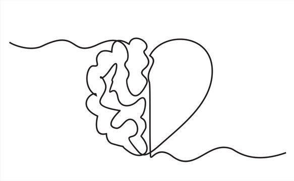 recommend clip art: One continuous line drawing of half human brain and love heart shape logo icon. Psychological split affection logotype symbol template concept. Trendy single line draw design vector illustration