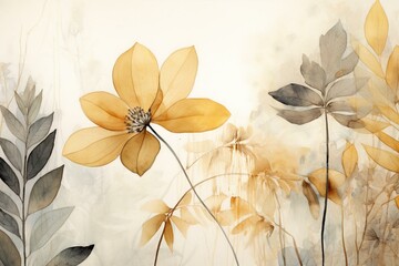 Abstract watercolor artwork with botanical foliage in earthy tones. Generative AI