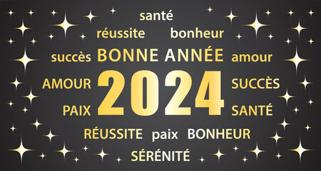 Bonne année 2024 ! Carte de vœux en français. Bannière vectorielle noire et or.
