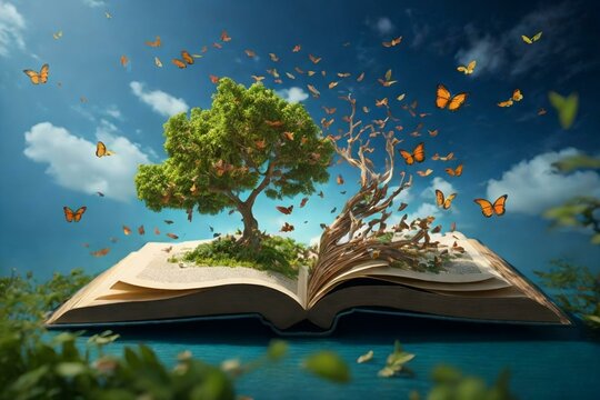 an open book with a tree growing out of it.