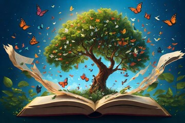 an open book with a tree growing out of it. - obrazy, fototapety, plakaty