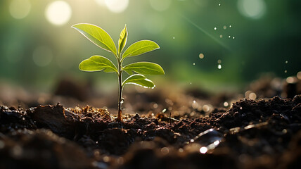 close up macro view water dripping on the small plant in fertile soil, environmental sustainability, nurturing growth, eco-awareness concept. Generative AI