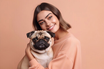 Young smiling woman holding pug dog in front of one cream colored studio background.