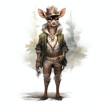 A Deer Wearing A Park Ranger's Outfit And A Hat In The White Background