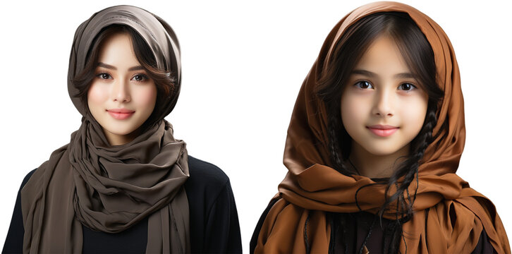 Realistic illustration of Young Muslim girls with Eastern roots, wearing headscarf, generative ai