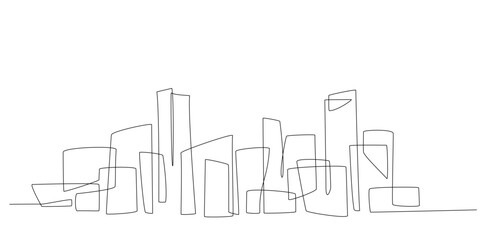 Fototapeta premium Continuous single line city landscape panorama. One line cityscape. Downtown landscape with skyscrapers. Architectural panorama. Hand drawn sketch with silhouettes, city, skyscraper, building. Vector