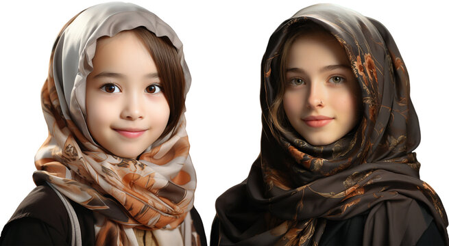 Realistic illustration of Young Muslim girls with headscarf, generativa ai