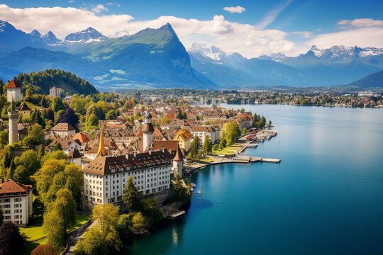 Aerial view of the old town wall in Luzern with the Alps and Lake Luzern in the background. Generative AI